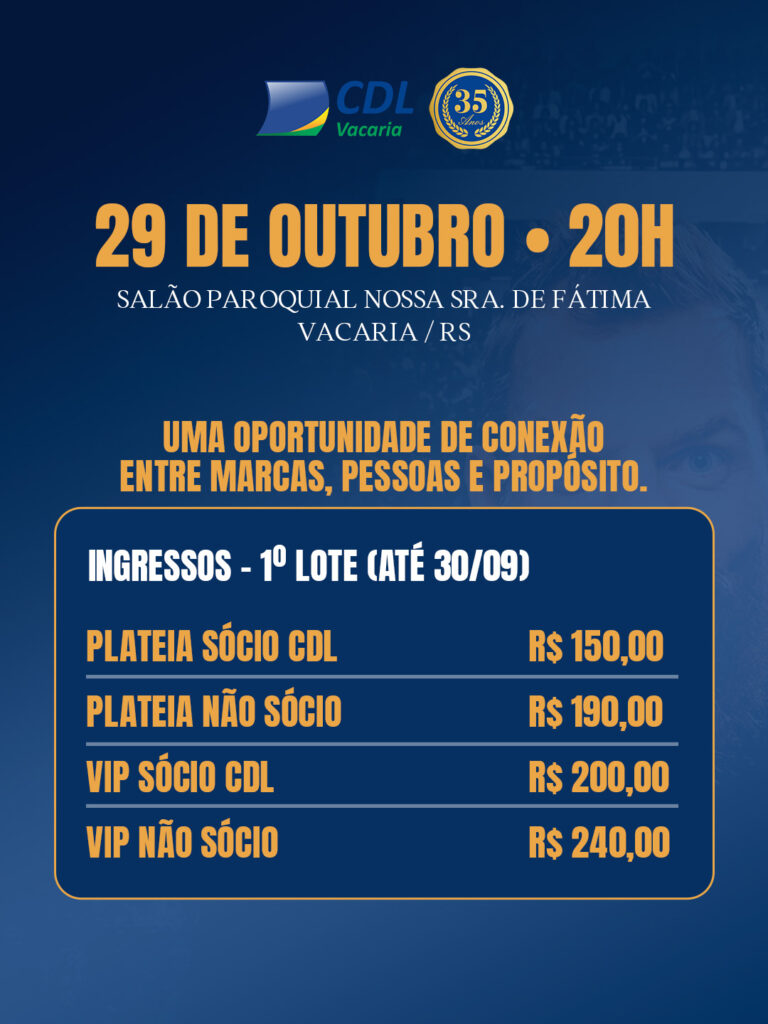 Ingressos 1º lote da palestra de Marcos Piangers em Vacaria – 29 de outubro às 20h