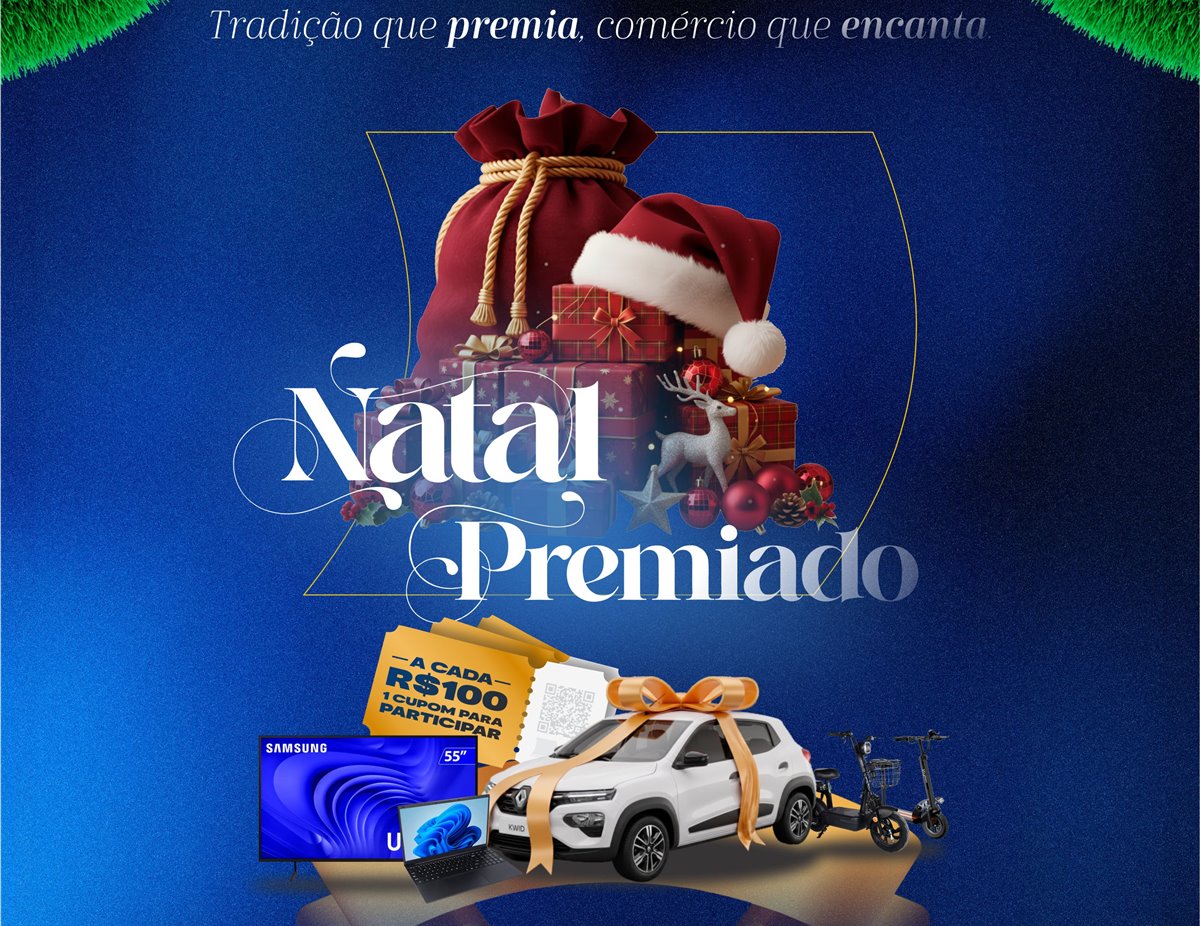 Arte da campanha Natal Premiado 2026 da CDL Vacaria com Renault Kwid, scooter, TV, notebook e patinete